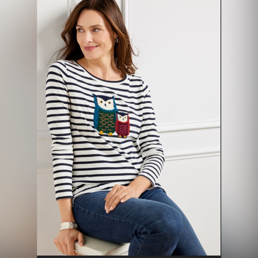 TALBOTS Women's‎ Cotton Striped Owl Applique Casual Top Size Medium